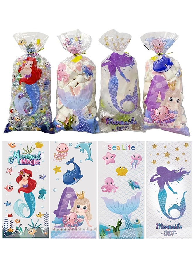جيفت 50 قطعة من أكياس السيلوفان للحلوى، وأكياس هدايا حورية البحر، وأكياس السيلوفان الشفافة، وأكياس حلوى الكوكيز مع أربطة لولبية لحفلات أعياد الميلاد وحفلات استقبال المولود (5 × 11 بوصة) (حورية البحر). - Image 1