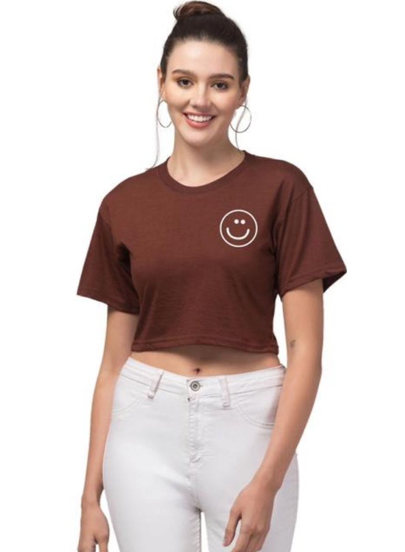 Basic T-Shirt Women Short Sleeve Crew Neck With Smile Emoji Brown, Regular Fit, Cotton Shirt, Casual Wearing, Plain T Shirts, Women's Fashion, For Summer, Short Shirt, Fitting, Top Wear 