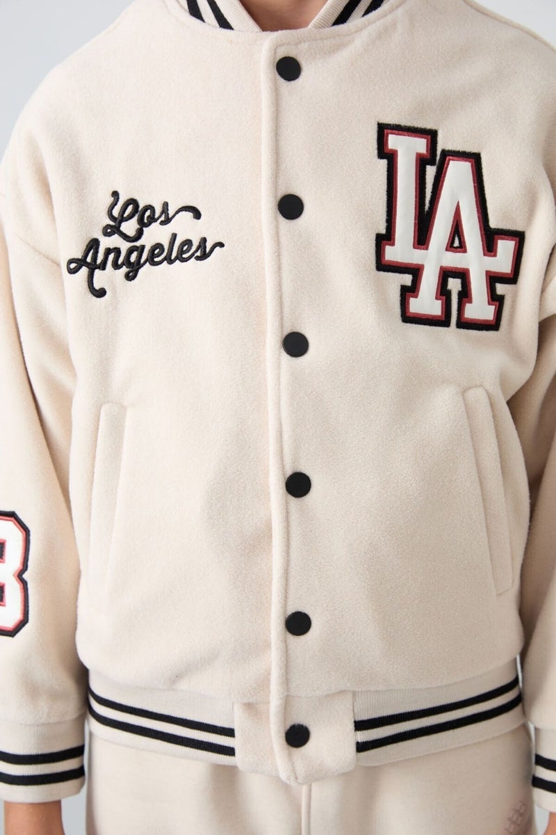 Tommy Life Beige Thick Soft Texture Standard Fit Embroidered Fleece Boys College Jacket - 11227 - Image 4