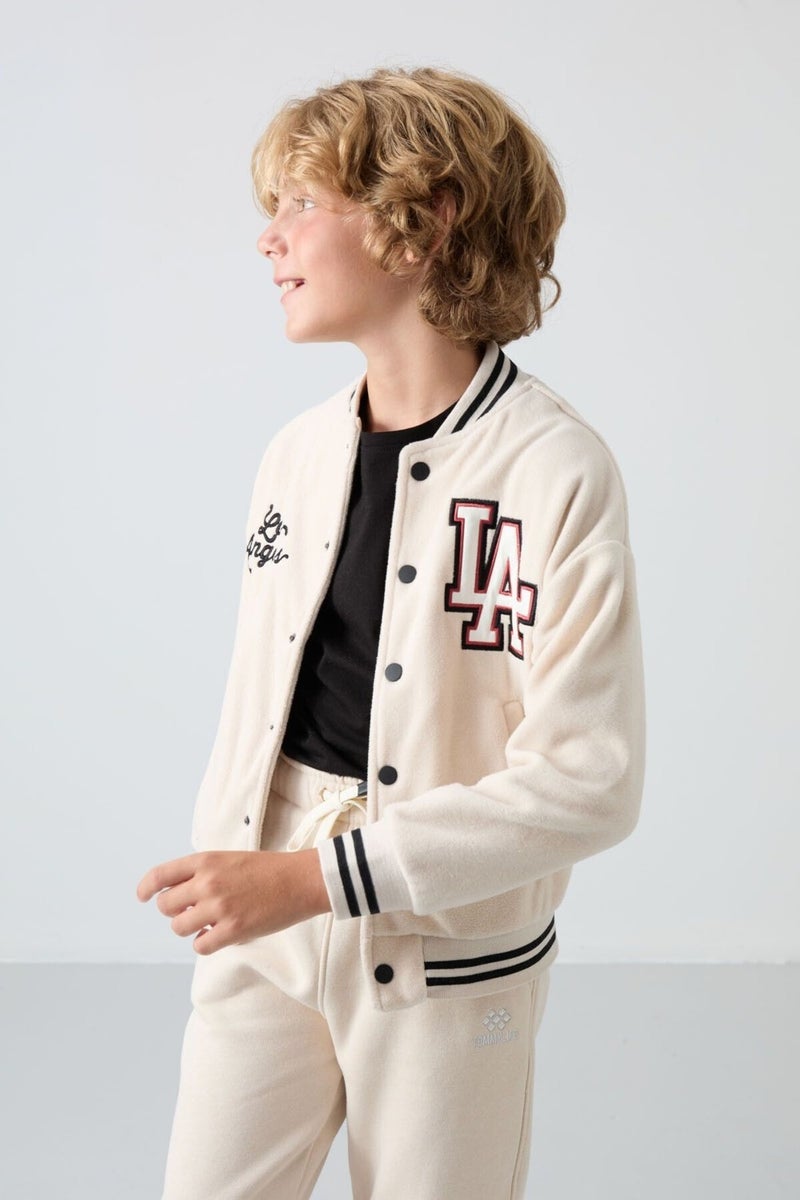 Tommy Life Beige Thick Soft Texture Standard Fit Embroidered Fleece Boys College Jacket - 11227 - Image 2
