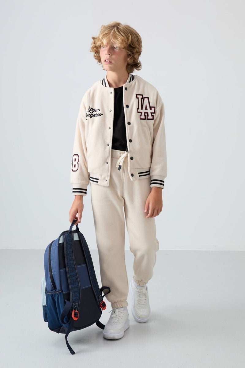Tommy Life Beige Thick Soft Texture Standard Fit Embroidered Fleece Boys College Jacket - 11227 - Image 3