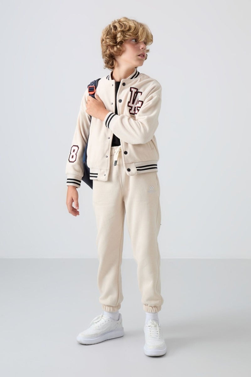 Tommy Life Beige Thick Soft Texture Standard Fit Embroidered Fleece Boys College Jacket - 11227 - Image 1