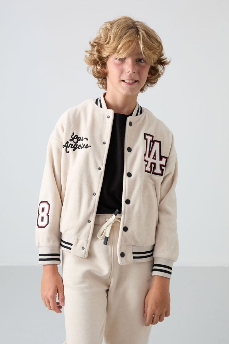 Tommy Life Beige Thick Soft Texture Standard Fit Embroidered Fleece Boys College Jacket - 11227 - Image 5
