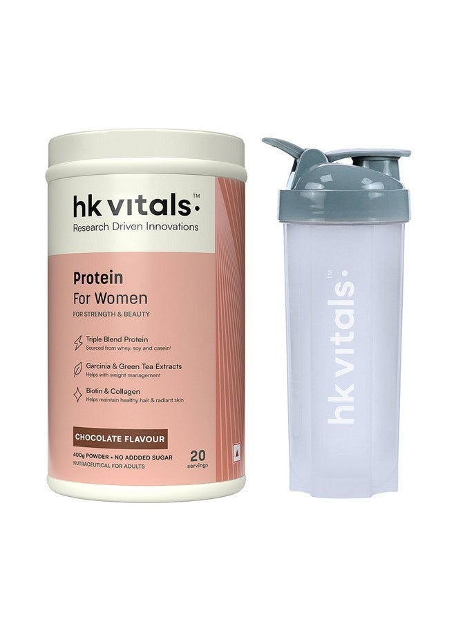 HealthKart HK Vitals Protein For Women with Soy (Chocolate, 400g) with 650ml Shaker | Combo Pack | Whey Protein, Collagen, Vitamin C, E & Biotin, for Strength and Beauty - Image 1