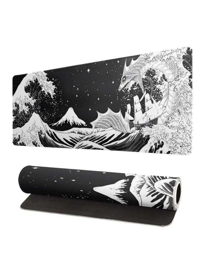 QIYUE Large Gaming Mouse Pad (31.5x11.8 Inches), Black White Japanese Wave Dragon Desk Mat with Non-Slip Rubber Base & Stitched Edges, Waterproof Abstract Keyboard Pad for Office Home - Image 1