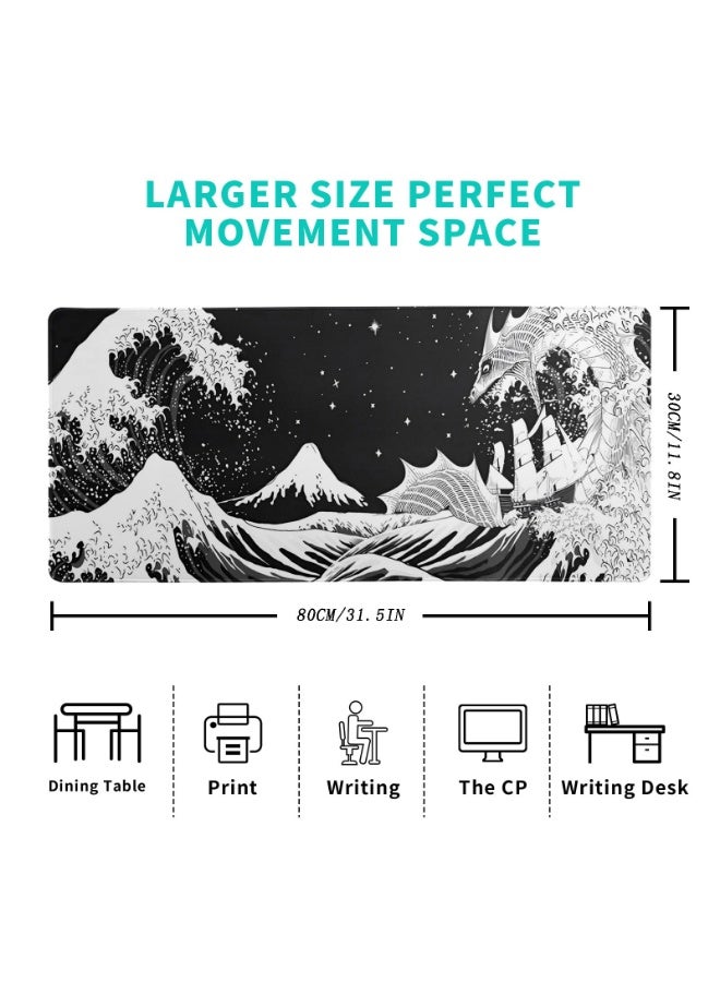 QIYUE Large Gaming Mouse Pad (31.5x11.8 Inches), Black White Japanese Wave Dragon Desk Mat with Non-Slip Rubber Base & Stitched Edges, Waterproof Abstract Keyboard Pad for Office Home - Image 2