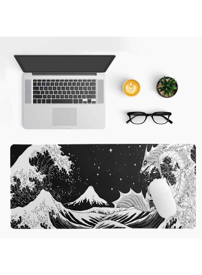 QIYUE Large Gaming Mouse Pad (31.5x11.8 Inches), Black White Japanese Wave Dragon Desk Mat with Non-Slip Rubber Base & Stitched Edges, Waterproof Abstract Keyboard Pad for Office Home - Image 3