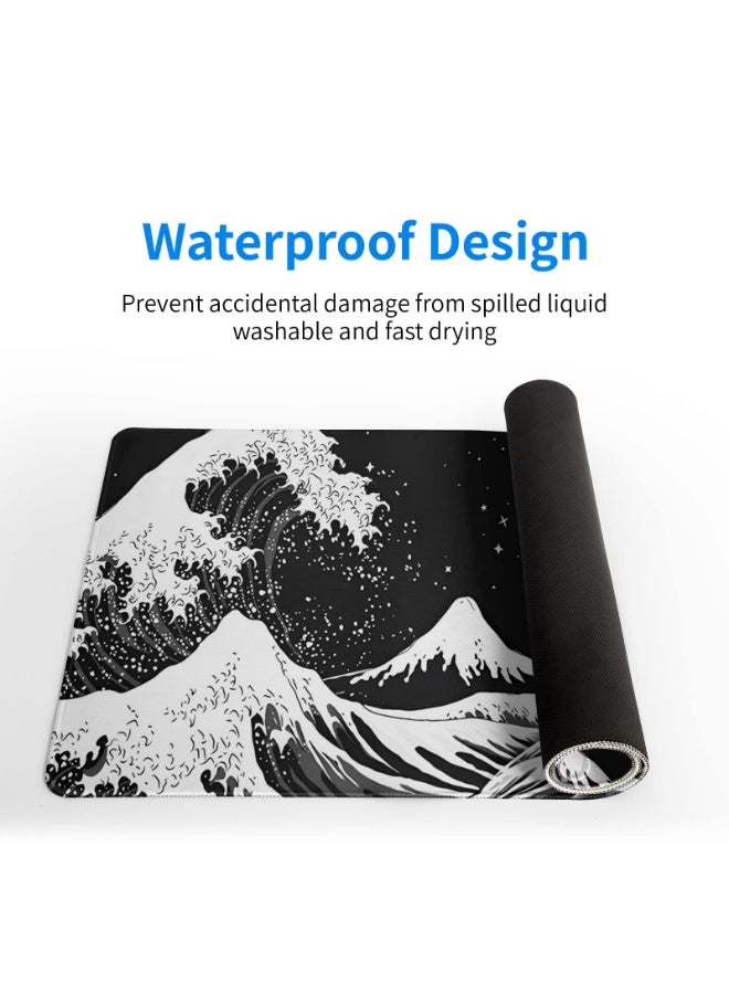 QIYUE Large Gaming Mouse Pad (31.5x11.8 Inches), Black White Japanese Wave Dragon Desk Mat with Non-Slip Rubber Base & Stitched Edges, Waterproof Abstract Keyboard Pad for Office Home - Image 4