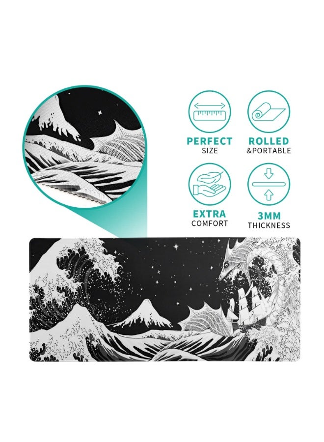 QIYUE Large Gaming Mouse Pad (31.5x11.8 Inches), Black White Japanese Wave Dragon Desk Mat with Non-Slip Rubber Base & Stitched Edges, Waterproof Abstract Keyboard Pad for Office Home - Image 5