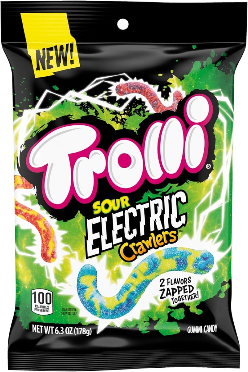 TROLLI حلوى ترولي الحامضة الكهربائية الزاحفة، كيس 6.3 أونصة - نكهات نابضة بالحياة من البطيخ والفراولة، التوت والليمون، والمانجو وفاكهة التنين - Image 1