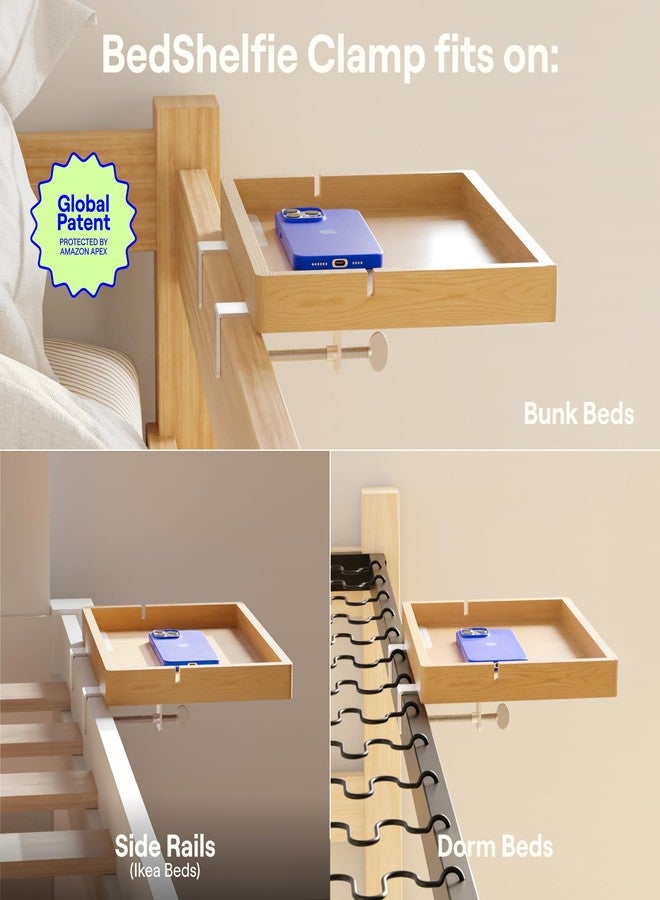 BedShelfie Wood Bedside Shelf for Bunk Bed & Top Bunk, College Dorm Room Essentials, Loft Nightstand, Floating Bed Side Table Tray Storage, Dorm Room Decor By Smallish - (Flexfit Bamboo, Natural) - Image 4