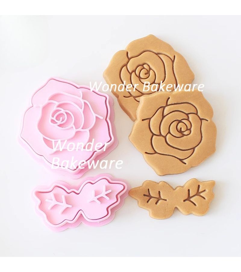 Rose Flower Plastic Cookie Cutters With Leaf Mold And Stamp For Valentine Day Baking - Image 1
