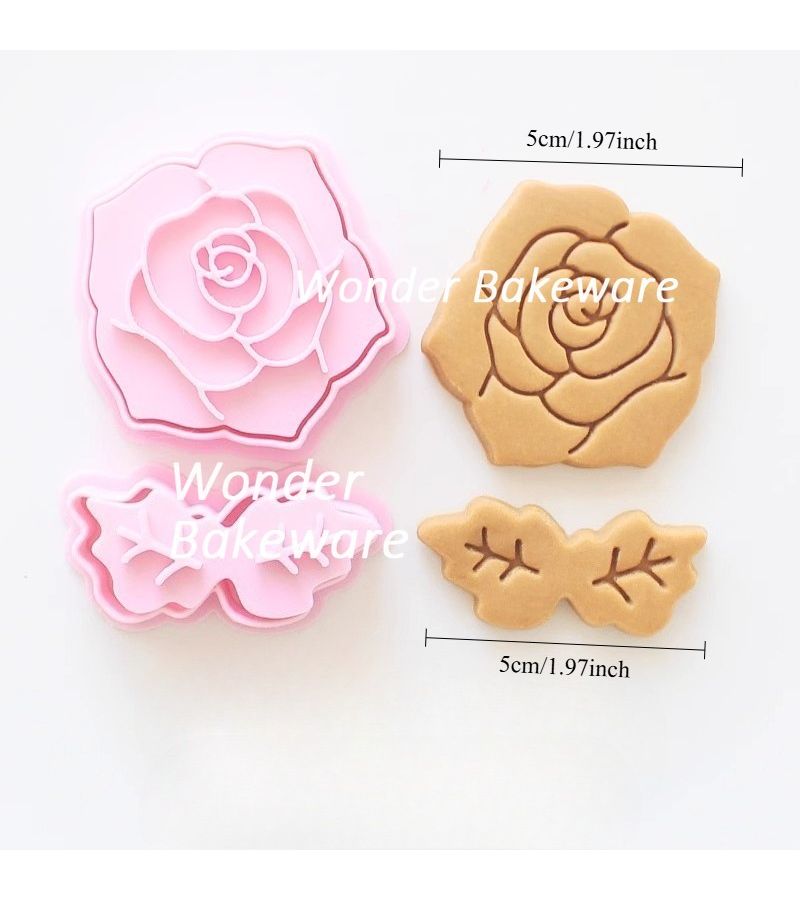 Rose Flower Plastic Cookie Cutters With Leaf Mold And Stamp For Valentine Day Baking - Image 3