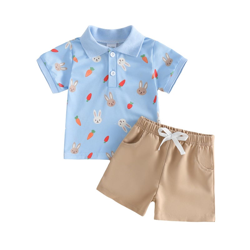Bagilaanoe Toddler Baby Boy Easter Outfit Bunny Carrot Print Button Up Short Sleeve T-Shirt Top+ Solid Shorts Set (Blue, 18-24 Months) - Image 1