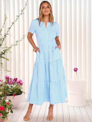 Caracilia Women's Summer Short Sleeve V-Neck Maxi Dress, Gingham & Striped Fabric, Casual A-Line Dress for Beach & Vacation Light Blue Gingham X-Large - Image 2