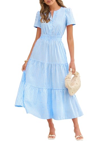 Caracilia Women's Summer Short Sleeve V-Neck Maxi Dress, Gingham & Striped Fabric, Casual A-Line Dress for Beach & Vacation Light Blue Gingham X-Large - Image 1