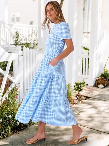 Caracilia Women's Summer Short Sleeve V-Neck Maxi Dress, Gingham & Striped Fabric, Casual A-Line Dress for Beach & Vacation Light Blue Gingham X-Large - Image 4