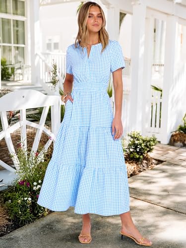 Caracilia Women's Summer Short Sleeve V-Neck Maxi Dress, Gingham & Striped Fabric, Casual A-Line Dress for Beach & Vacation Light Blue Gingham X-Large - Image 3