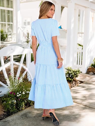 Caracilia Women's Summer Short Sleeve V-Neck Maxi Dress, Gingham & Striped Fabric, Casual A-Line Dress for Beach & Vacation Light Blue Gingham X-Large - Image 5