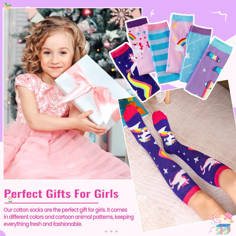 Eocom Girls Knee High Socks Kids Crazy Fun Gift Silly Tall Boot Cute Animal Cotton Long Socks 6 Pairs(Color A, 3-12 Years) - Image 2
