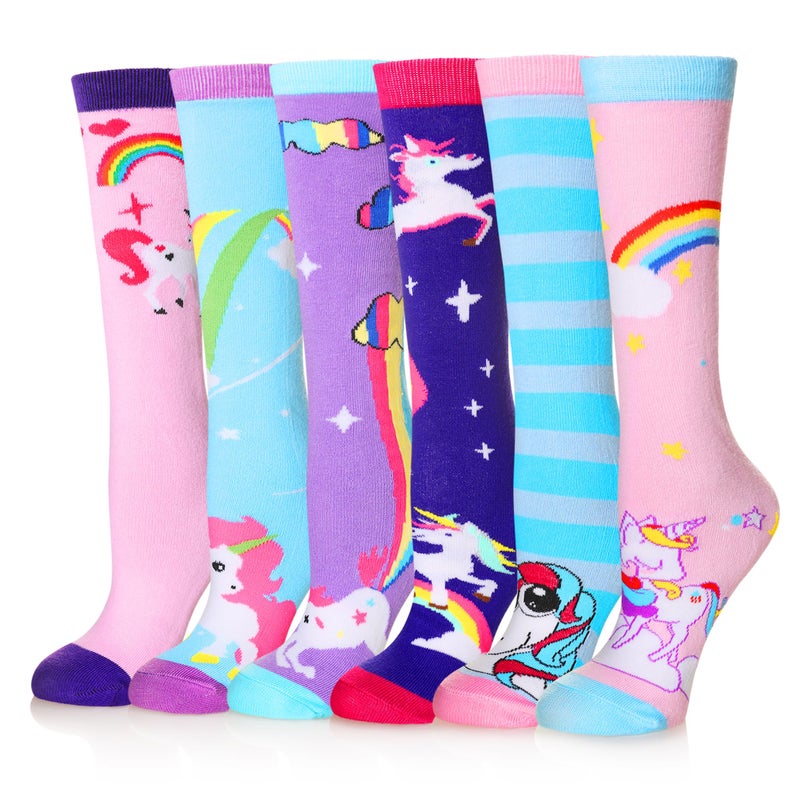 Eocom Girls Knee High Socks Kids Crazy Fun Gift Silly Tall Boot Cute Animal Cotton Long Socks 6 Pairs(Color A, 3-12 Years) - Image 1