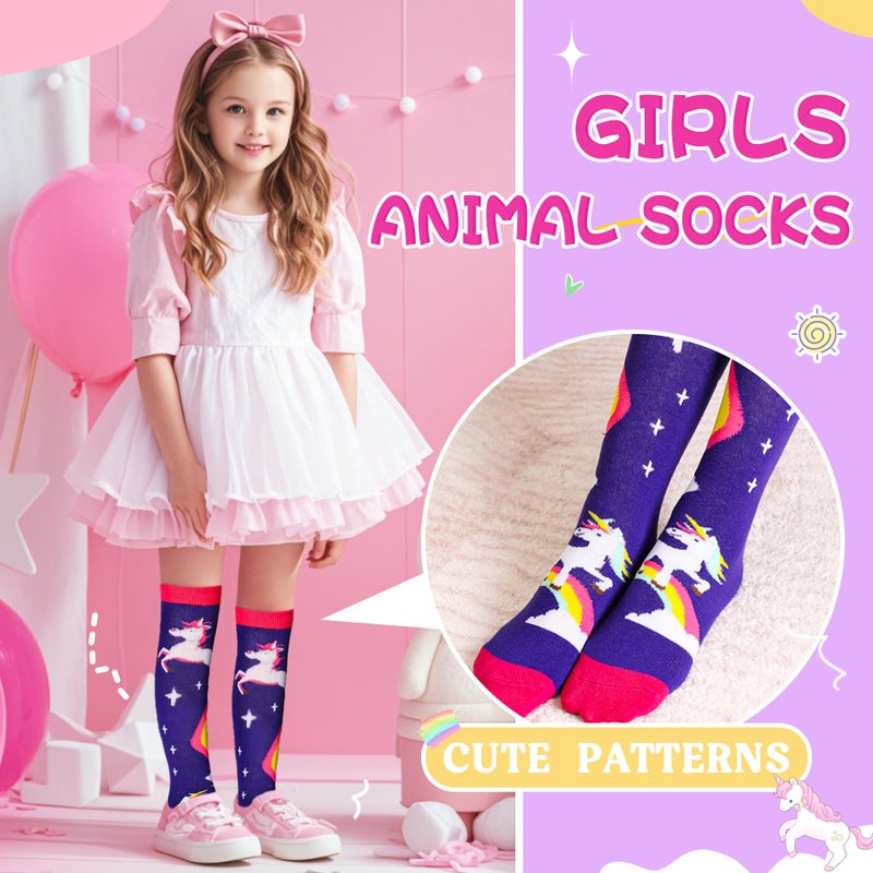 Eocom Girls Knee High Socks Kids Crazy Fun Gift Silly Tall Boot Cute Animal Cotton Long Socks 6 Pairs(Color A, 3-12 Years) - Image 5