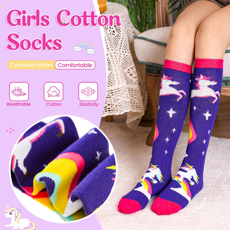 Eocom Girls Knee High Socks Kids Crazy Fun Gift Silly Tall Boot Cute Animal Cotton Long Socks 6 Pairs(Color A, 3-12 Years) - Image 4
