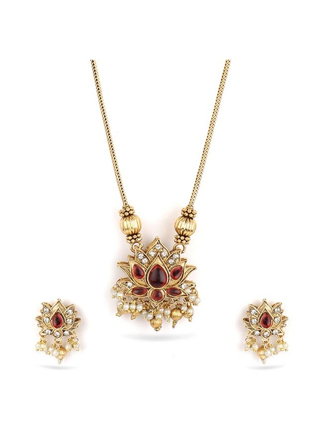 Rubans Women's 22K Gold-Plated 2 In 1 Lotus Motif Ruby & Emerald Stone Studded Jewellery Set - Image 1