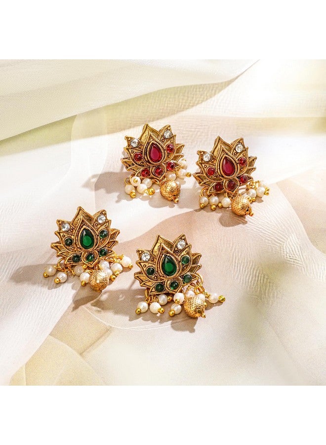 Rubans Women's 22K Gold-Plated 2 In 1 Lotus Motif Ruby & Emerald Stone Studded Jewellery Set - Image 3