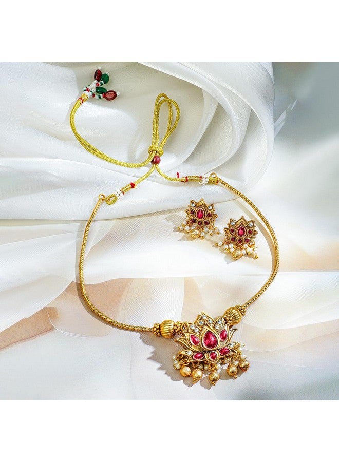 Rubans Women's 22K Gold-Plated 2 In 1 Lotus Motif Ruby & Emerald Stone Studded Jewellery Set - Image 4
