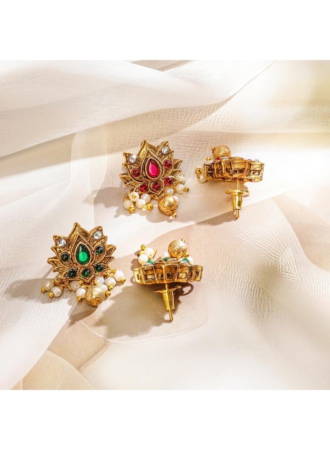 Rubans Women's 22K Gold-Plated 2 In 1 Lotus Motif Ruby & Emerald Stone Studded Jewellery Set - Image 2