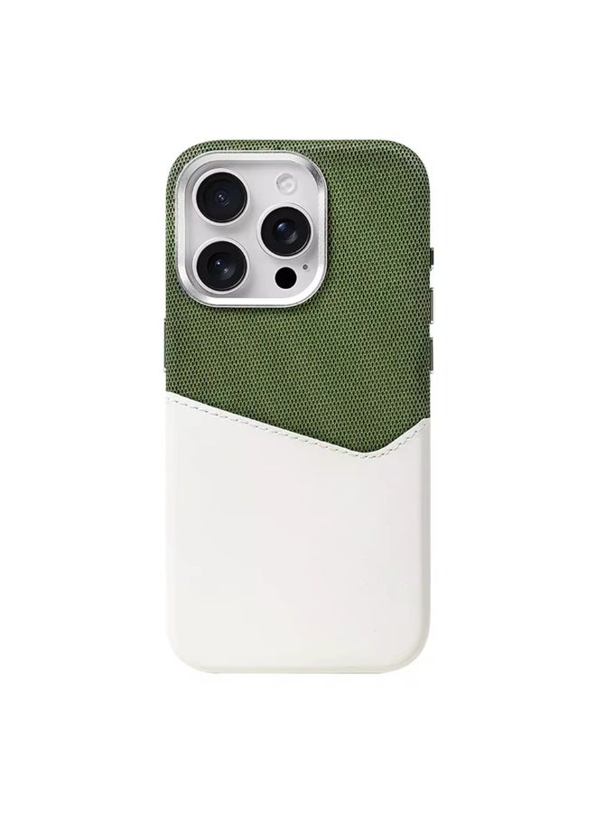 جراب جلد مع حامل بطاقات متوافق مع MagSafe لهاتف iPhone 16 Pro Max – يدعم الشحن اللاسلكي، حماية عدسة معدنية، تصميم ثنائي اللون (أخضر/أبيض) - Image 1