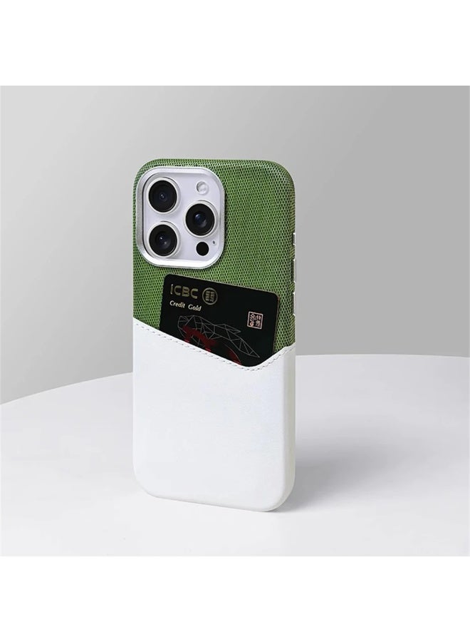 جراب جلد مع حامل بطاقات متوافق مع MagSafe لهاتف iPhone 16 Pro Max – يدعم الشحن اللاسلكي، حماية عدسة معدنية، تصميم ثنائي اللون (أخضر/أبيض) - Image 2