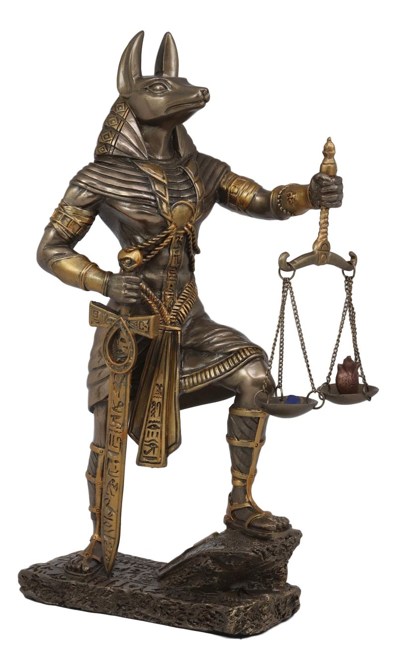 Ebros Ancient Egyptian God Anubis with Scales of Justice Statue Gods of The Dead and Afterlife Weighing The Heart Against Ostrich Feather Figurine 10 Tall Faux Bronze Resin