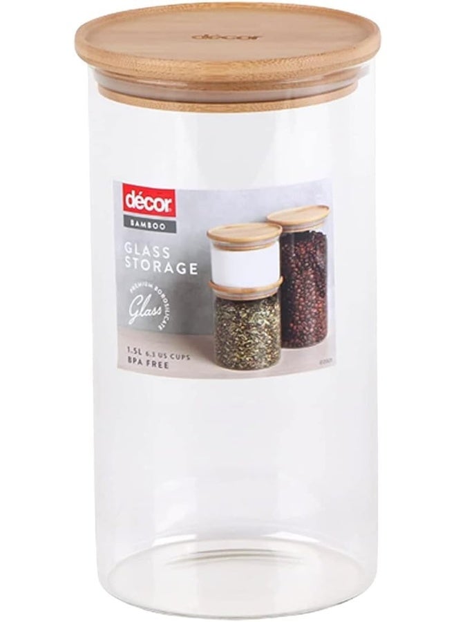 Decor Bamboo Glass Storage Jars Clear Airtight Food Canisters For Kitchen With Wooden Lid 1.5L - Image 1