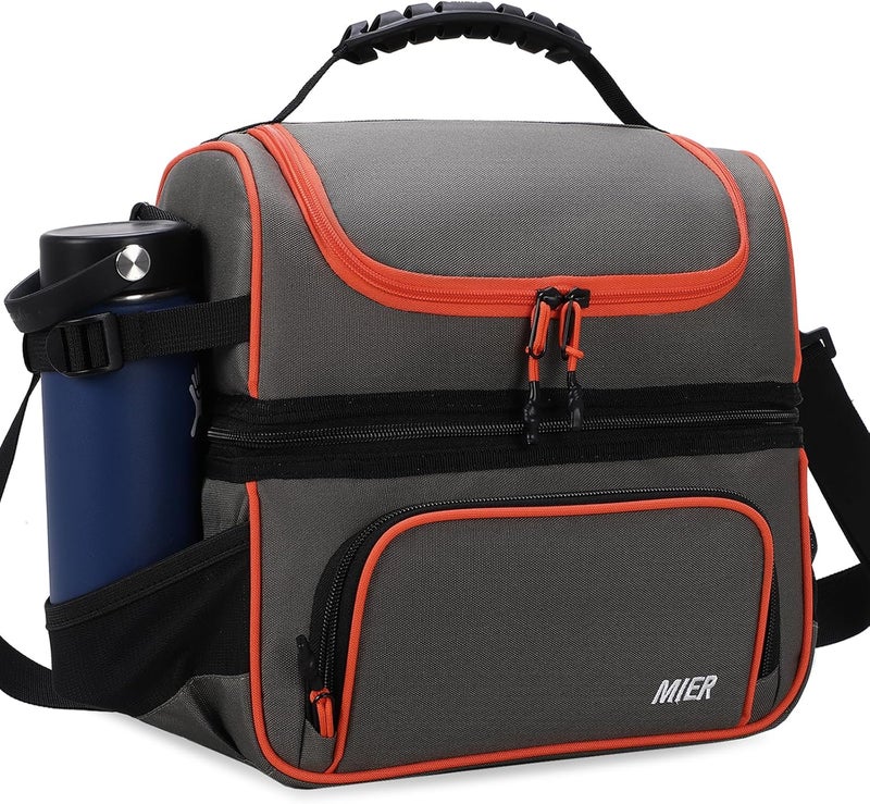 MIER 2 Compartment Lunch Bag Tote with Shoulder Strap for Men and Women Insulated Leakproof Cooler Bag, Grey/Orange - Image 1