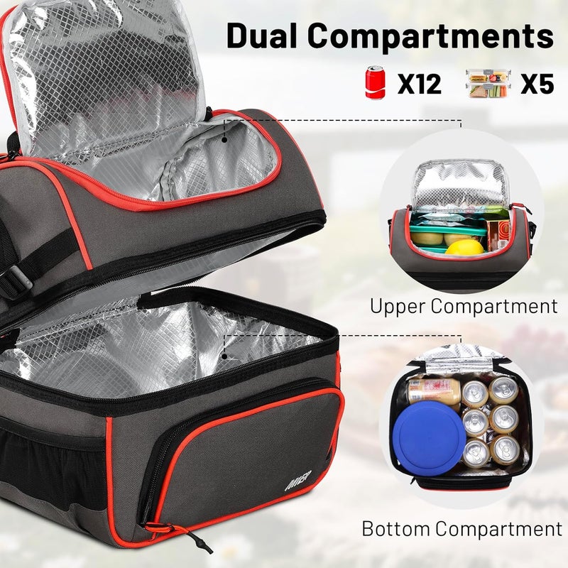 MIER 2 Compartment Lunch Bag Tote with Shoulder Strap for Men and Women Insulated Leakproof Cooler Bag, Grey/Orange - Image 2