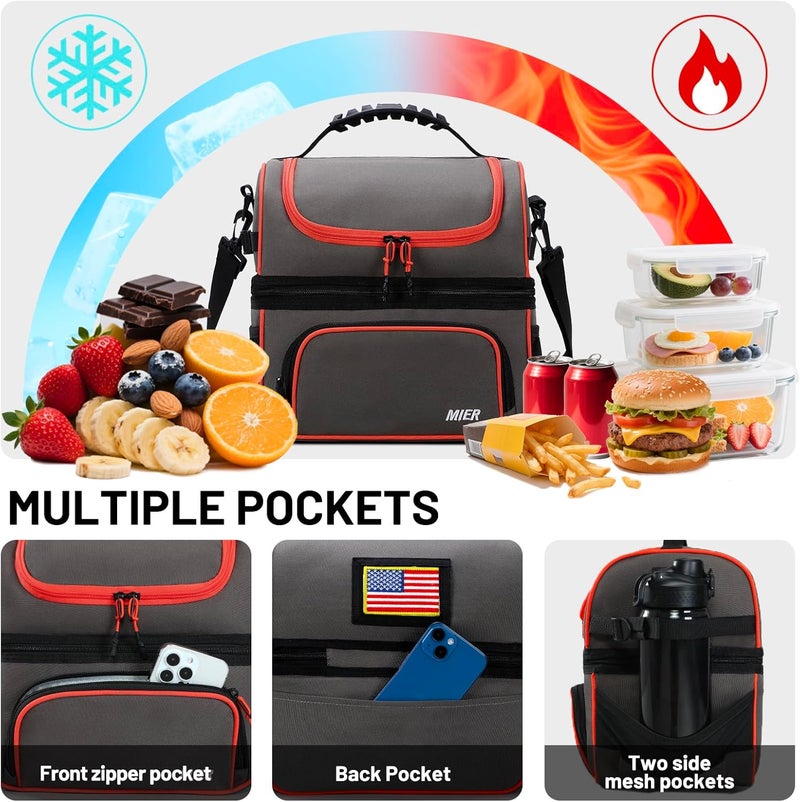 MIER 2 Compartment Lunch Bag Tote with Shoulder Strap for Men and Women Insulated Leakproof Cooler Bag, Grey/Orange - Image 3