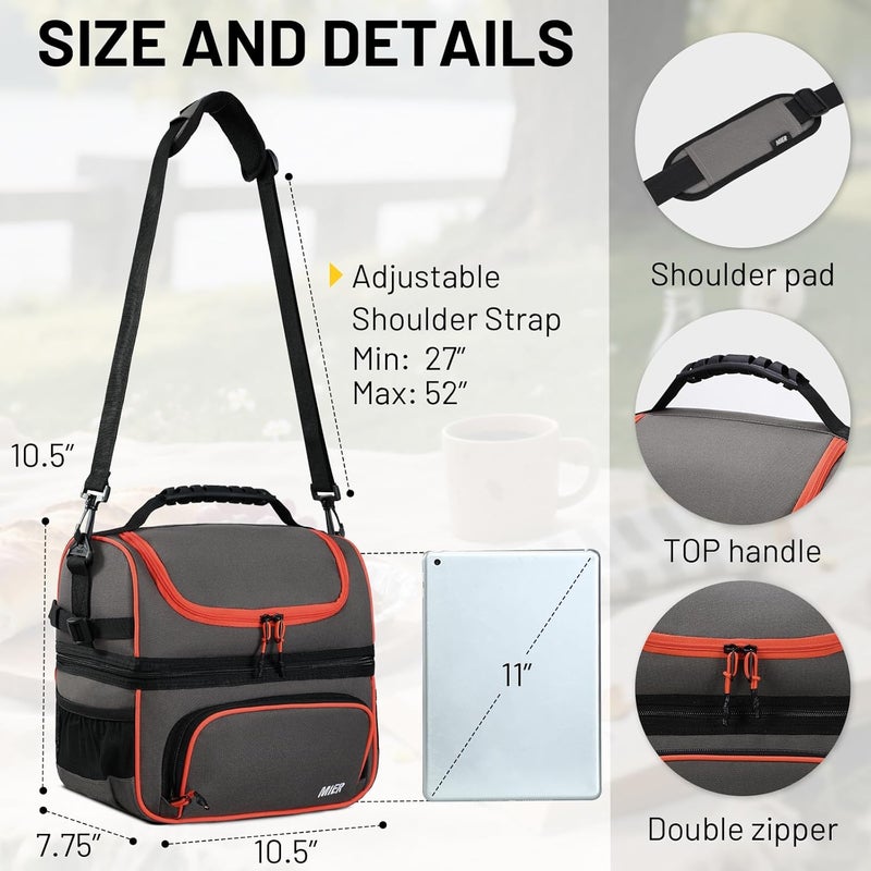 MIER 2 Compartment Lunch Bag Tote with Shoulder Strap for Men and Women Insulated Leakproof Cooler Bag, Grey/Orange - Image 4