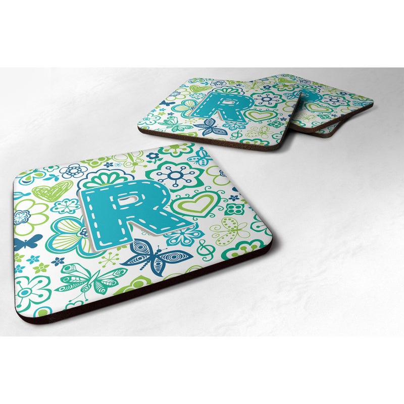 كارولينز تريجرس "" Caroline's Treasures CJ2006-RFC Letter R Flowers and Butterflies Teal Blue Foam Coasters (مجموعة من 4) 3.5 "" "" Multicolor " 