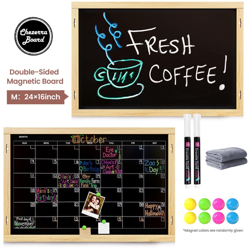 Chezerra 2-in-1 Double-Sided Magnetic Chalkboard 24"x16", Chalk Calendar Board & Large Blackboard for Kitchen & Home Decor, Schedule, Menu, Back-to-School Gift - Hanging Chalk Board with 2 Liquid Pens, Wood - Image 2