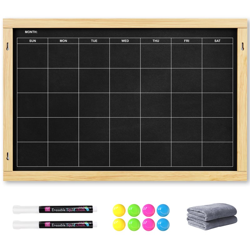 Chezerra 2-in-1 Double-Sided Magnetic Chalkboard 24"x16", Chalk Calendar Board & Large Blackboard for Kitchen & Home Decor, Schedule, Menu, Back-to-School Gift - Hanging Chalk Board with 2 Liquid Pens, Wood - Image 1