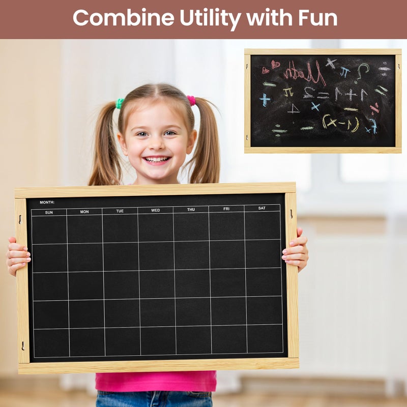 Chezerra 2-in-1 Double-Sided Magnetic Chalkboard 24"x16", Chalk Calendar Board & Large Blackboard for Kitchen & Home Decor, Schedule, Menu, Back-to-School Gift - Hanging Chalk Board with 2 Liquid Pens, Wood - Image 3