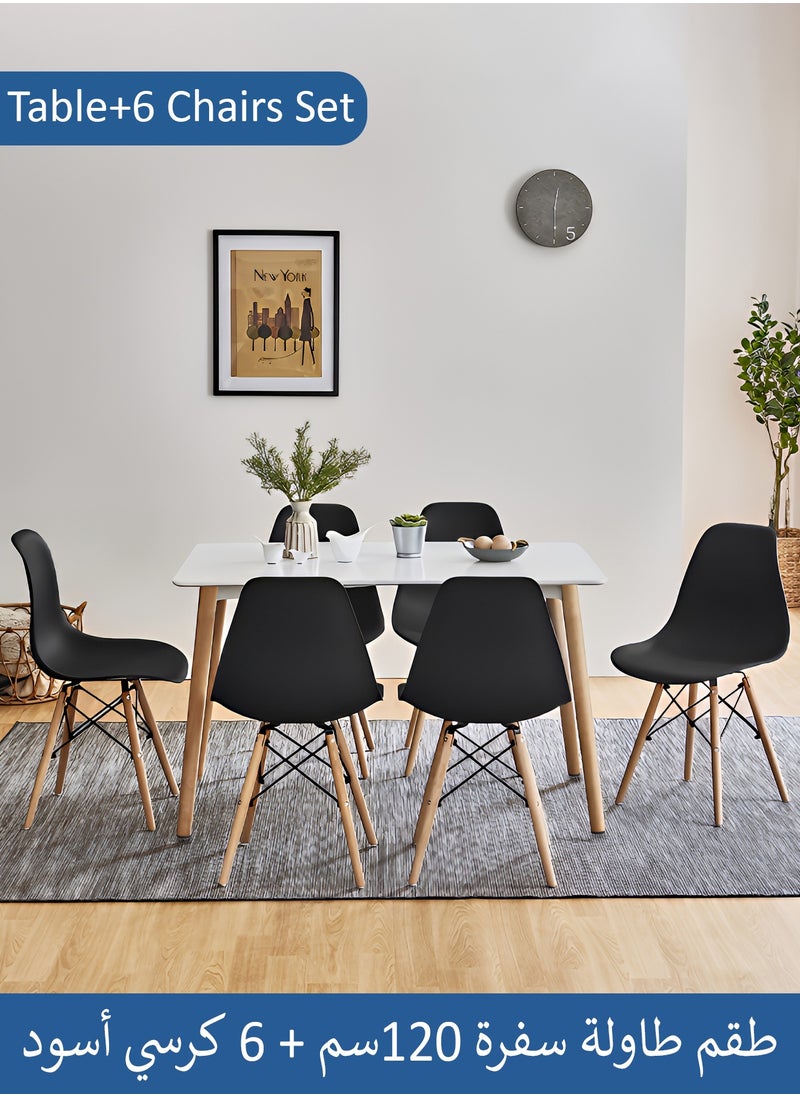 Taimi 7-Piece Dining Set,Modern Rectangular Dining Table with 6 Elegant Chairs | Solid White Wood Table 120x60x73cm with 6 Black Plastic Chairs and Wooden Legs  - Image 1