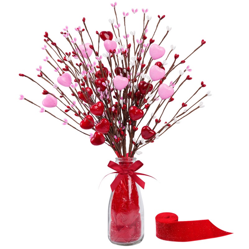 Shitailu Valentines Day Gifts Artificial Red Berry Flower Stems Heart Shaped Berry Picks 4 Pcs for Valentines Day Mothers Day Chrismas Wedding ProposeNO VASE