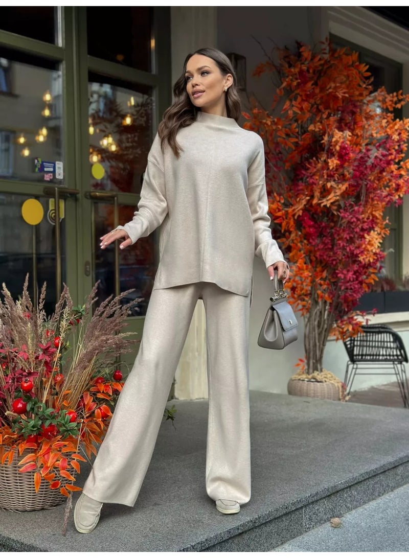 NIBEMINENT Knitting 2 Piece Set Women Pullover Sweater Pants Suit Knitted Top Half High Collar Jumpers Trousers Outfits Autumn Winter - Image 3