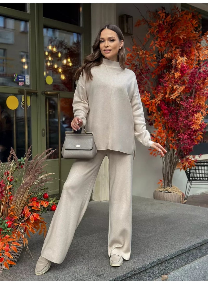 NIBEMINENT Knitting 2 Piece Set Women Pullover Sweater Pants Suit Knitted Top Half High Collar Jumpers Trousers Outfits Autumn Winter - Image 1