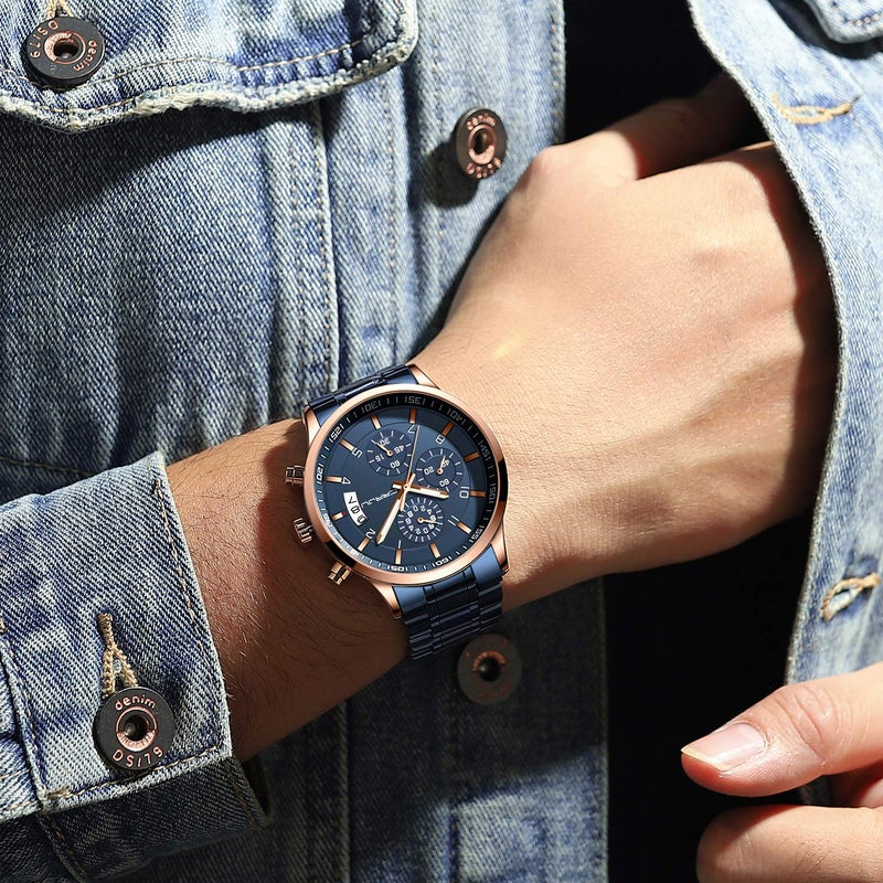 CRRJU Mens Watches Fashion Business Quartz Analog Auto Date Men's Watch Blue Stainless Steel Band Waterproof Chronograph Wrist Watch for Men - Image 5