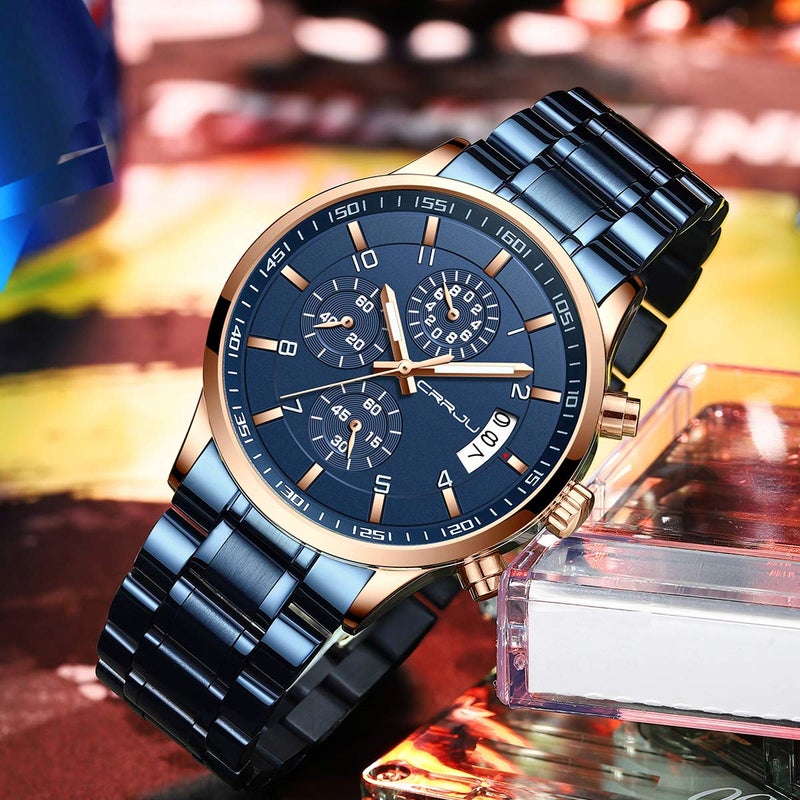 CRRJU Mens Watches Fashion Business Quartz Analog Auto Date Men's Watch Blue Stainless Steel Band Waterproof Chronograph Wrist Watch for Men - Image 3