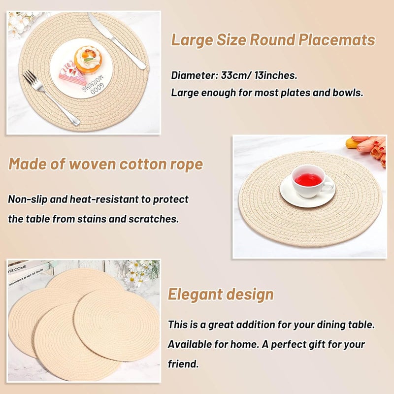 Billbotk Round Woven Placemats Set of 4 13 Inches Table Place Mats for Dining Table Hot Pads for Kitchen Trivets for Hot Dishes Pots and PansTabletop AccessoriesBeige - Image 3